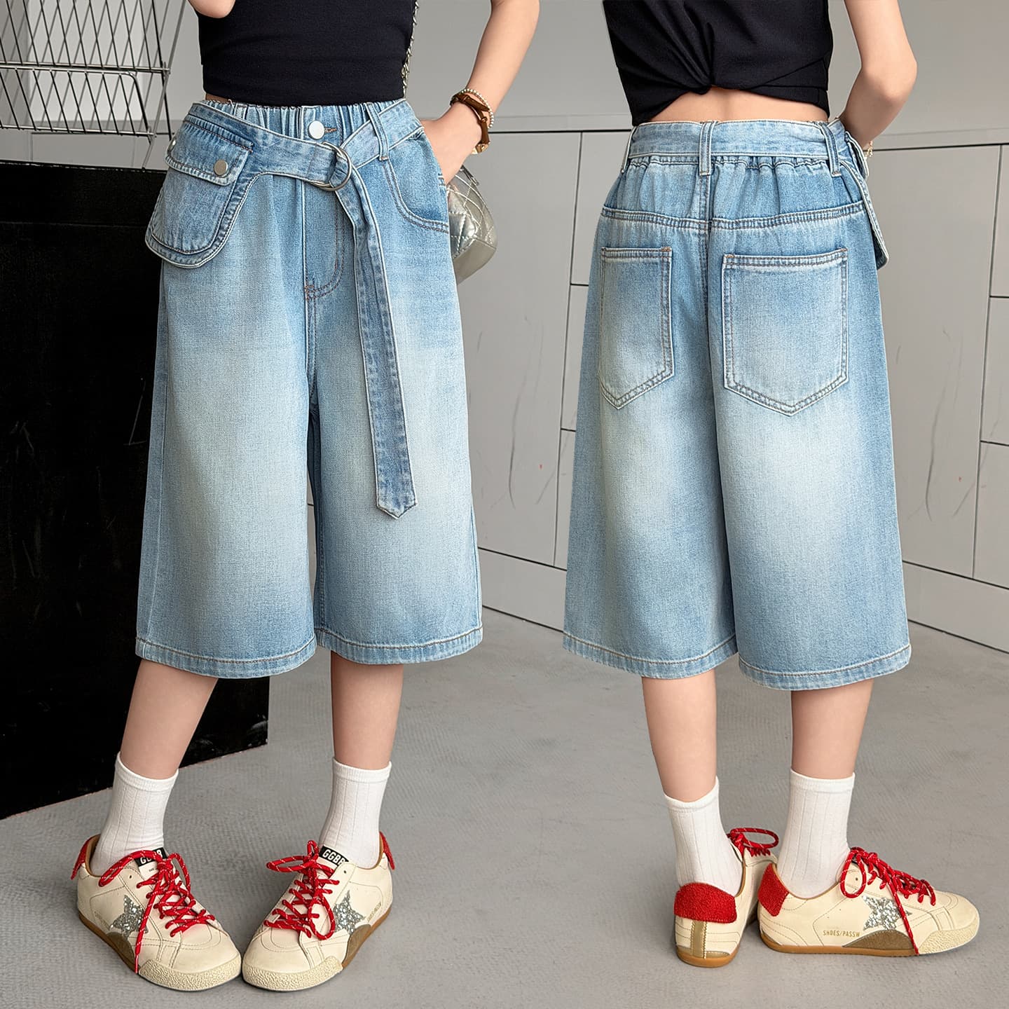 Summer Girls Jeans 2026 New Style Children Thin Mid-Length Shorts Big Kids Fashion Detachable Crossbody Denim Five-Point Pants