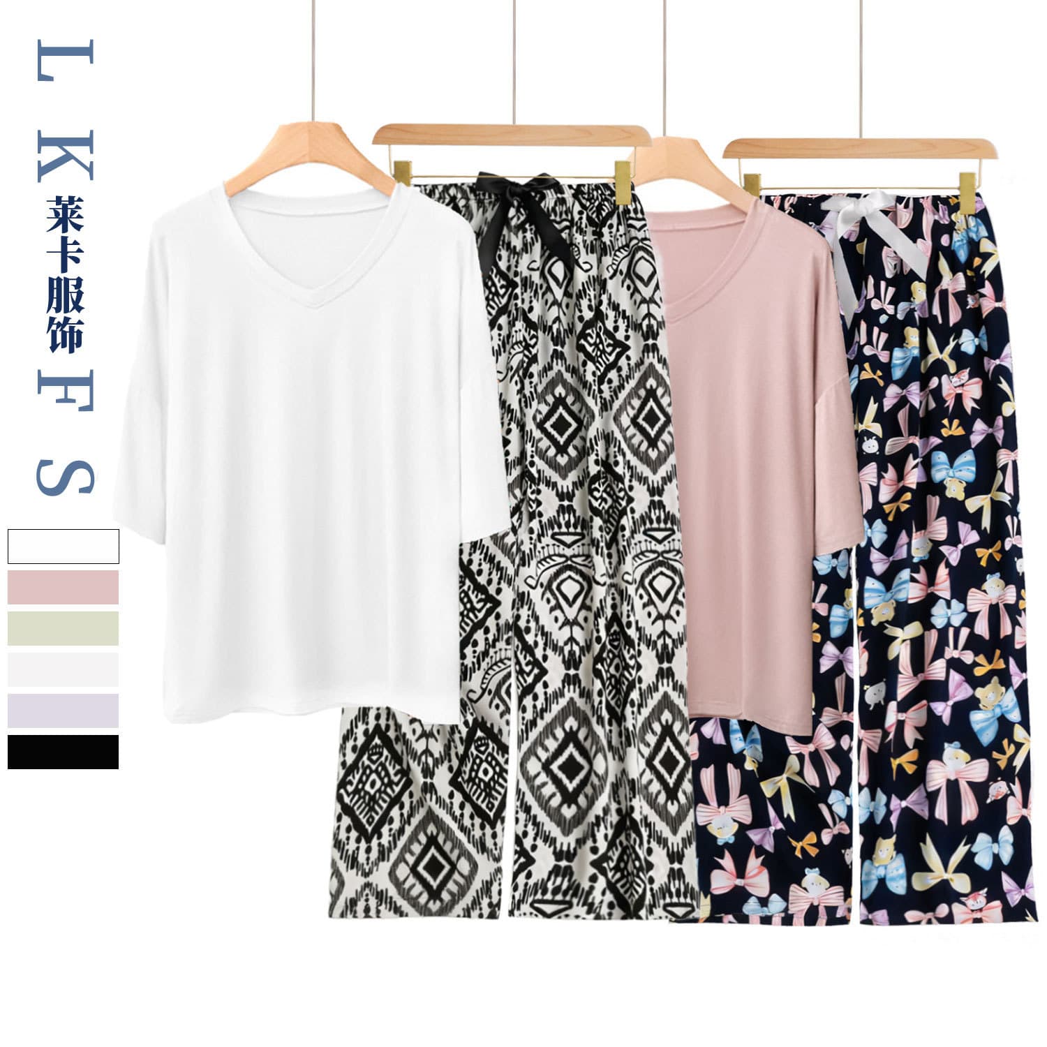 Cross-border Fashion V-Neck Modal Pajama Set for Women, Spring/Summer Thin Short Sleeve Cotton Silk Floral Pants Loungewear Set