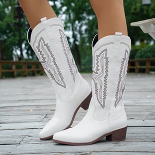 2026 New Western Cowboy Boots for Women, Pointed Toe Embroidered Mid-Calf Riding Boots, Fashionable Chunky Heel Leather Boots