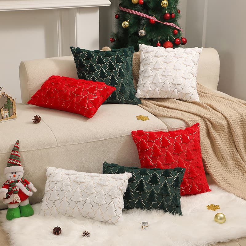 Cross-border hot-selling Christmas pine pattern plush backrest pillowcase for bedroom sofa rest cushion cover (core not included)
