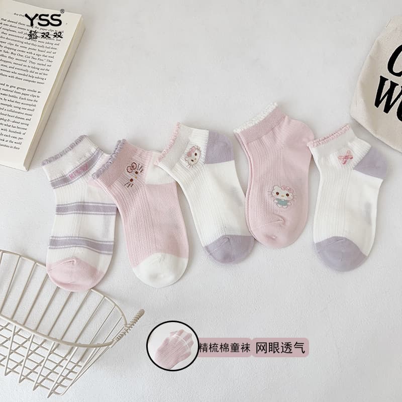 Yishuangshuang Children's Socks Summer Mesh Breathable Cartoon KT Cat Short Socks Combed Cotton Korean Style Baby Girl Seamless Socks
