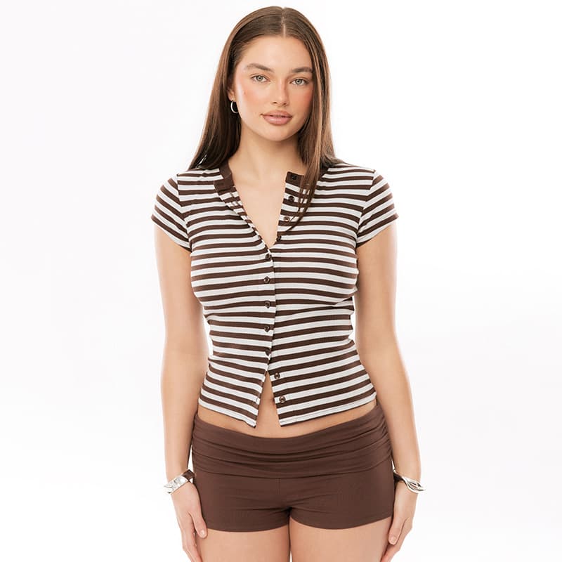 Y26TP018 European and American Style Cross-border Women's Spring/Summer Amazon New Fashion Commuter Short Sleeve Button Striped Top