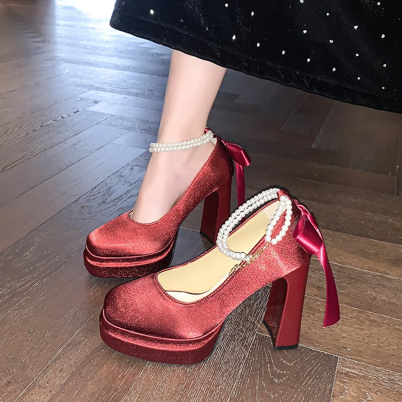 Small White Satin Ultra High Heels Chunky Heel Bridesmaid Wedding Shoes Qipao Shoes French Platform Mary Jane Shoes
