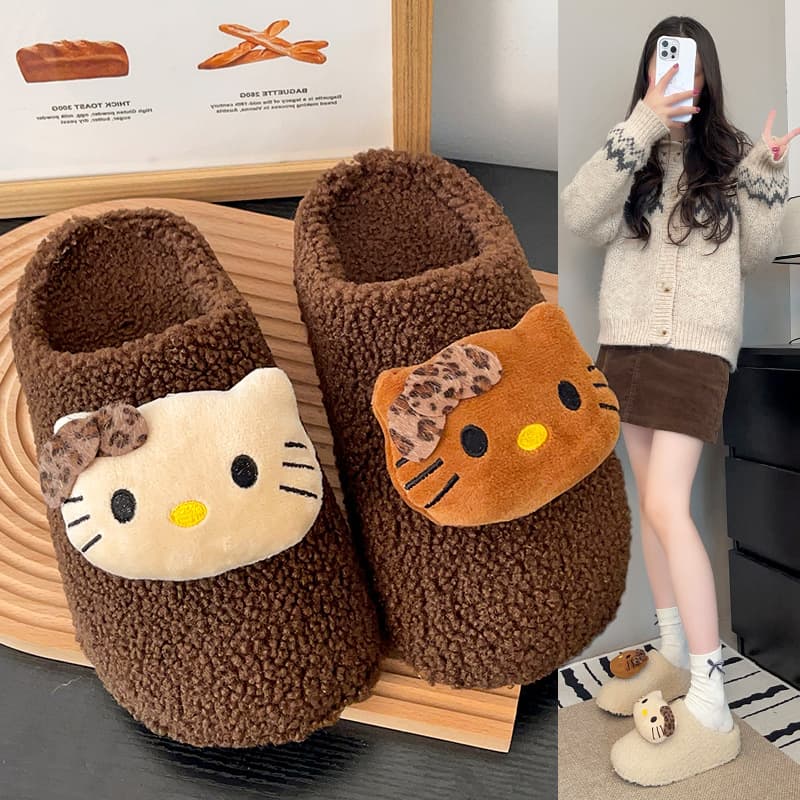 Cute Hello Kitty Furry Slippers for Women, New Autumn/Winter Style, Flat, Warm, Fleece-lined, Birken Cotton Slippers
