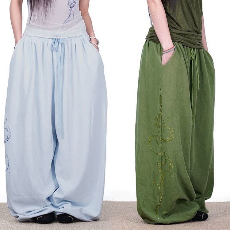 Hot Item: Trendy Rhinestone Wide-Leg Pants, Lazy Style Flowy Lounge Pants for Jazz Dance, Streetwear