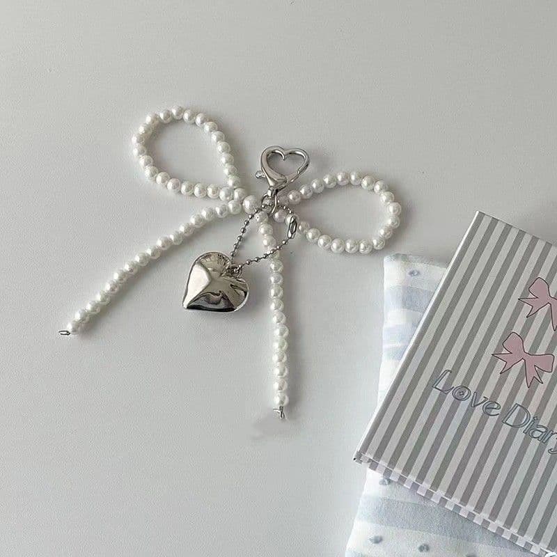 CK95 Sweet Pearl Bow Bag Charm Heart Pendant Phone Accessory Girly Phone Chain