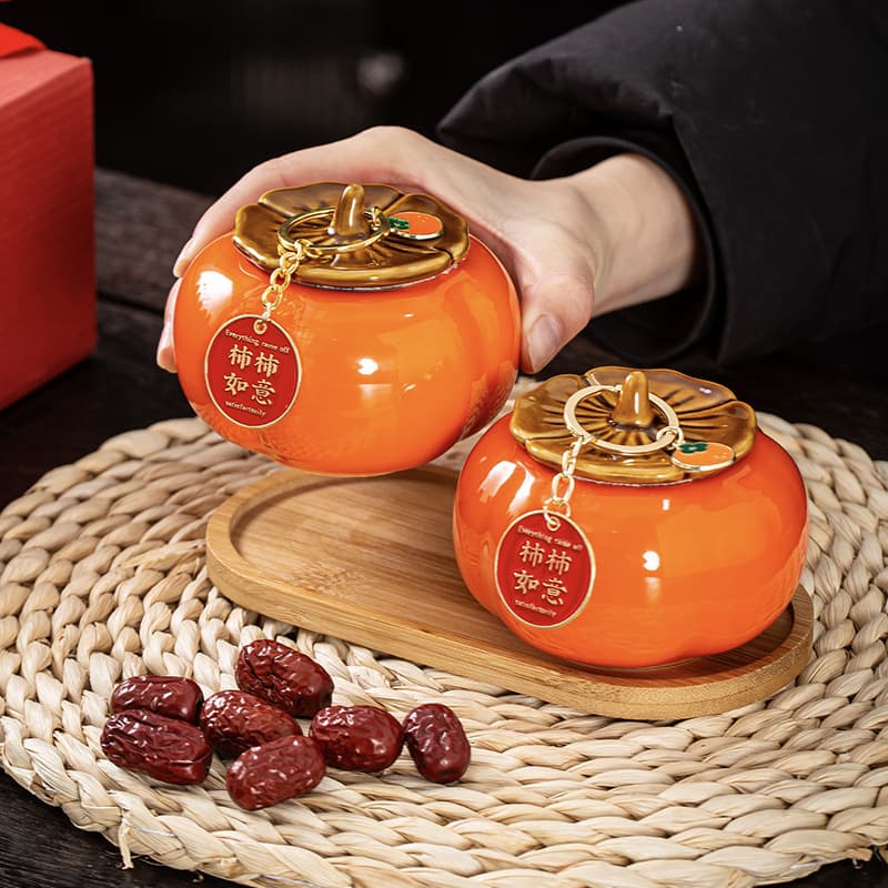 Everything Goes Well" Persimmon Tea Canister Ceramic Small Persimmon Jar, Chinese Wedding Candy Container Wholesale Gift
