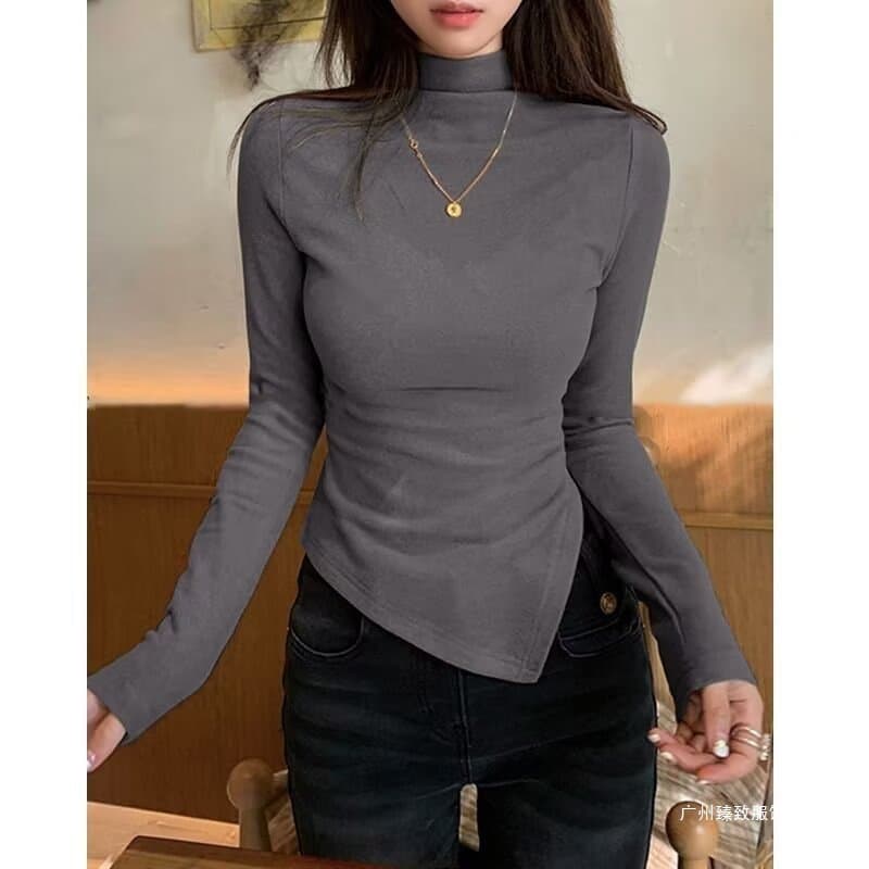 German velvet half-high collar inner bottoming shirt for women in autumn and winter irregular niche right shoulder hot girl slim long-sleeved T-shirt top