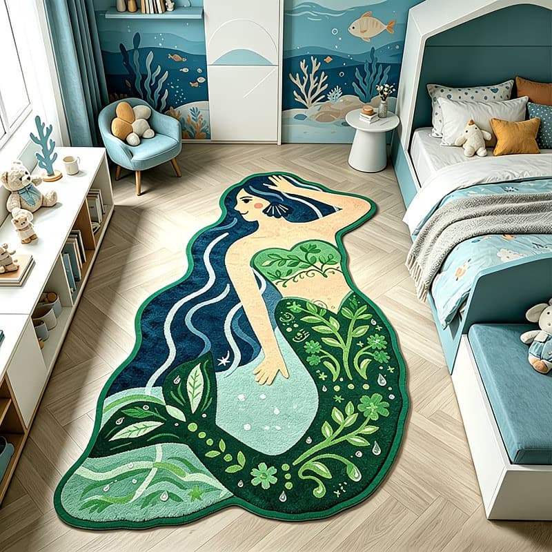 TEMU New Hot Selling Mermaid Cartoon Faux Cashmere Irregular Floor Mat Thick Skin-Friendly Bedside Rug for Bedroom
