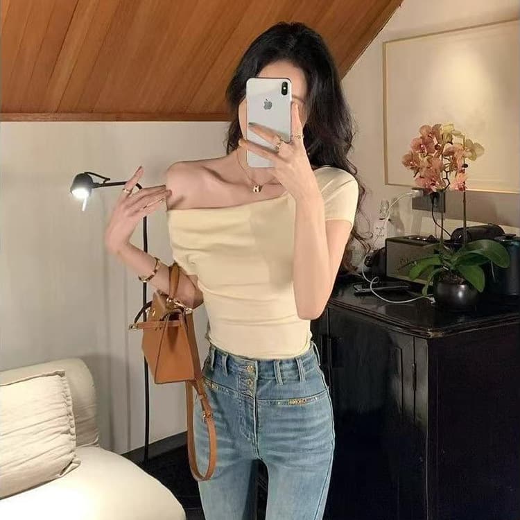 Cross-Border Design Stylish Short-Sleeve T-Shirt for Women, 2026 Summer New Style, Cinched Waist, Slim Fit, Sweet and Trendy Top