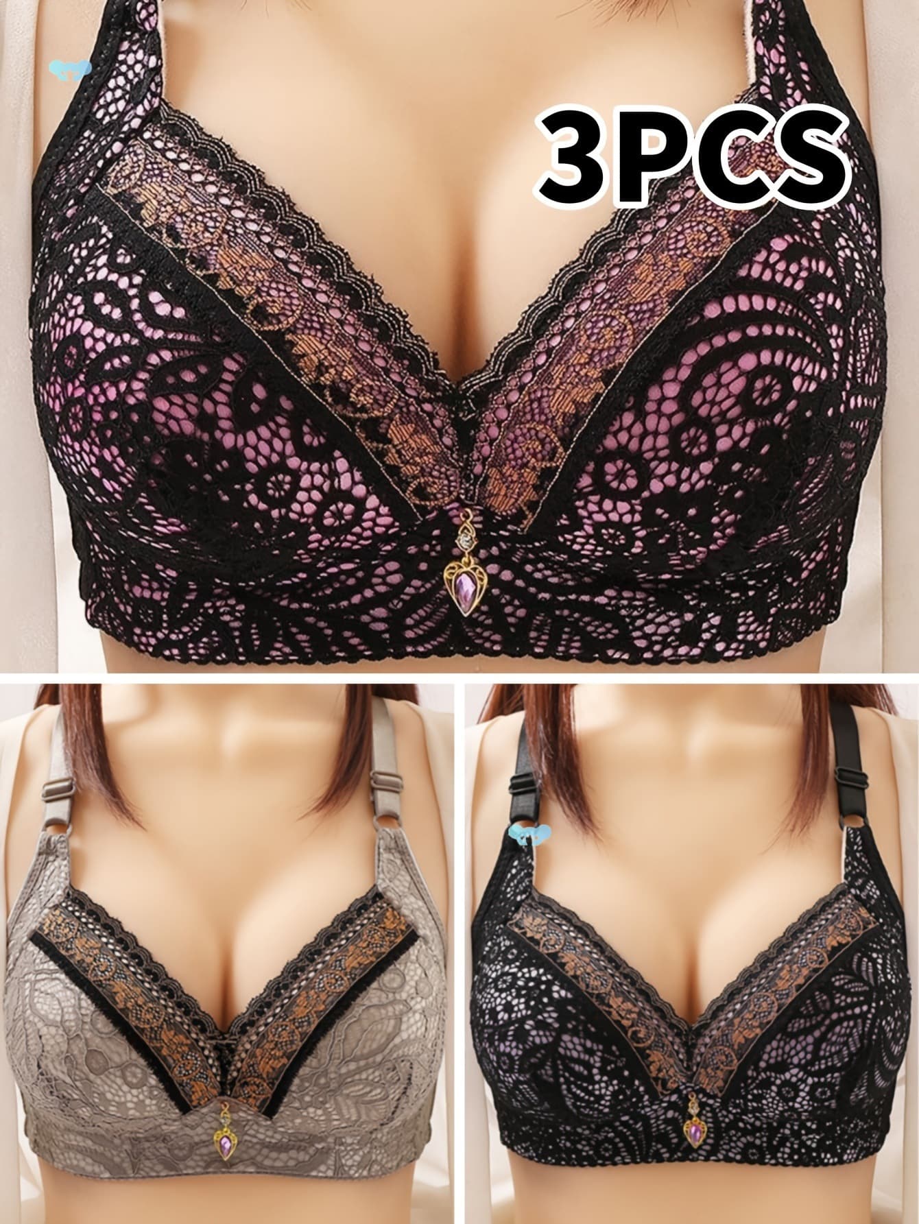 3-Pack Elegant Lace Push-Up Bras for Women, High Support