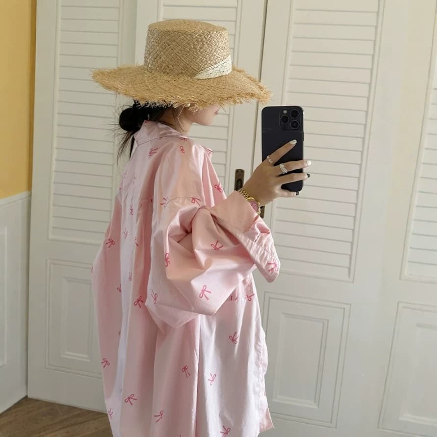 Pink Bow Print Shirt for Women 2026 Spring Summer Casual Long Sleeve Sun Protection Thin Jacket Top