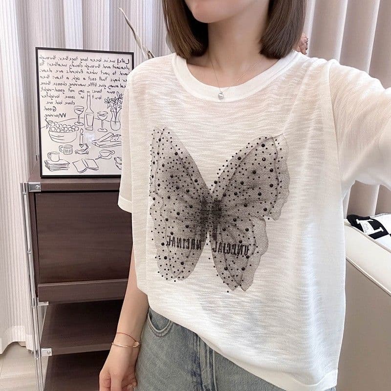 2025 Summer New Lightweight Breathable Butterfly Jacquard Rhinestone Top