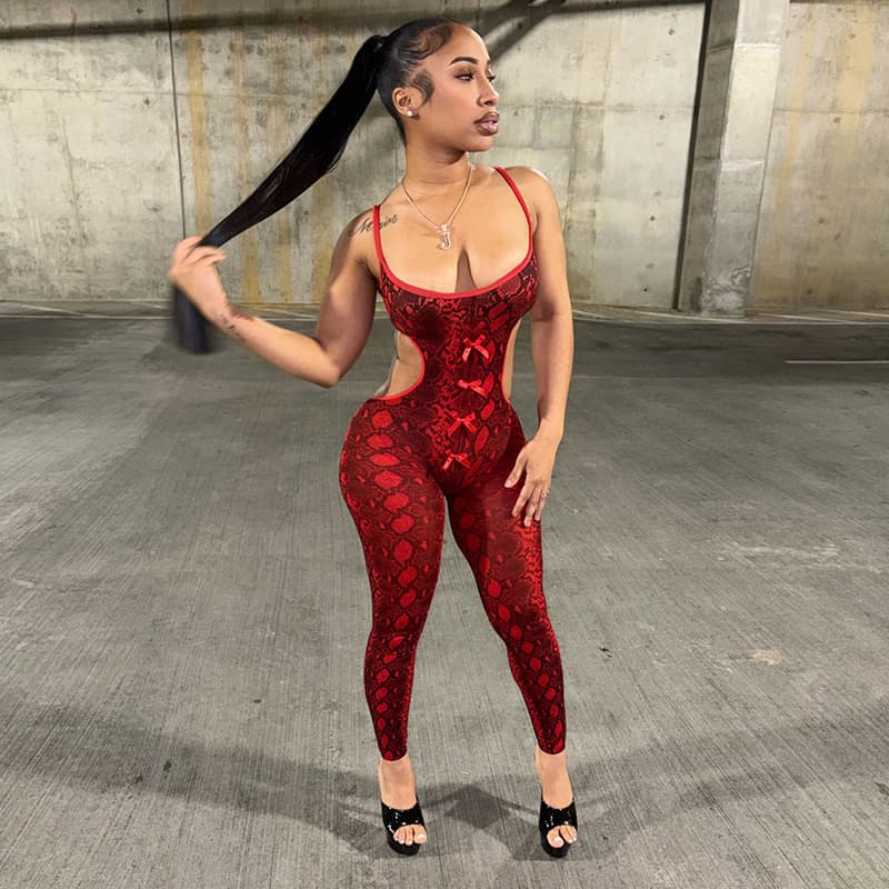 D26JP153 Cross-border Europe and America Sexy Slim Fit Python Print Halter Hollow Back Bowknot Jumpsuit for Women