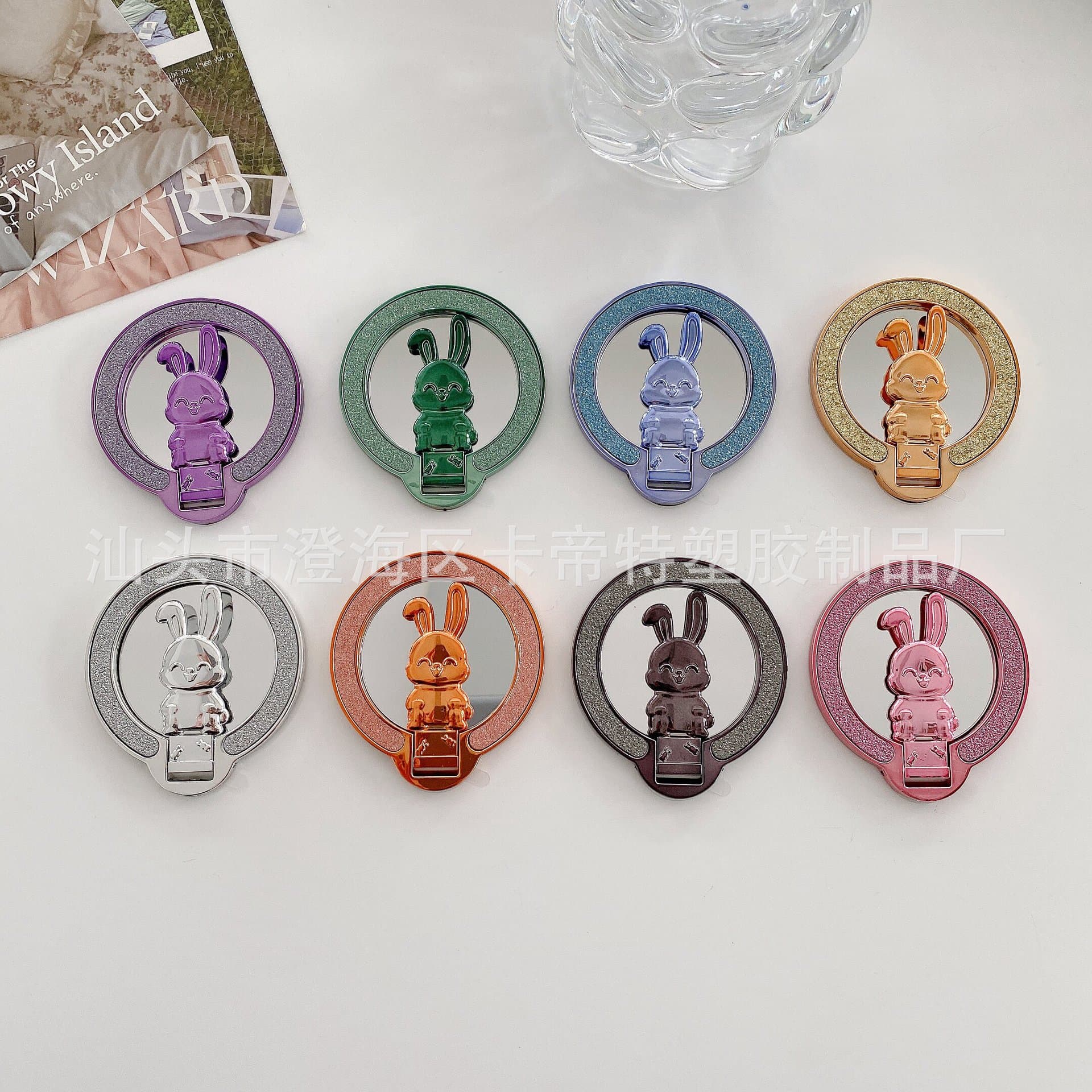 Glitter bunny stand with ultra-thin magnetic wireless charging, foldable back adhesive, universal ring holder for phone cases