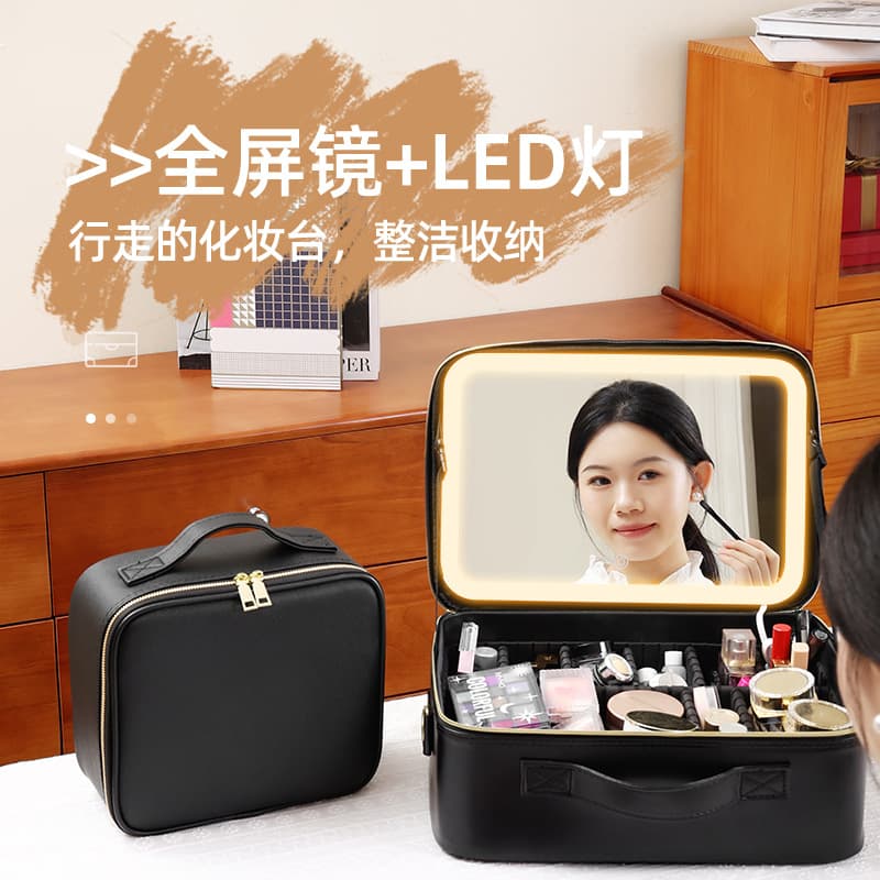 LED Lighted Makeup Case with Mirror, Battery-Powered Large Capacity Cosmetic Organizer Storage Box, Multifunctional