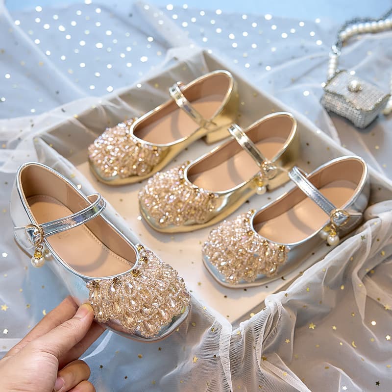 2026 Girls' High Heel Princess Shoes Spring Autumn Children's Leather Shoes with Dress Performance Square Toe Crystal Shoes