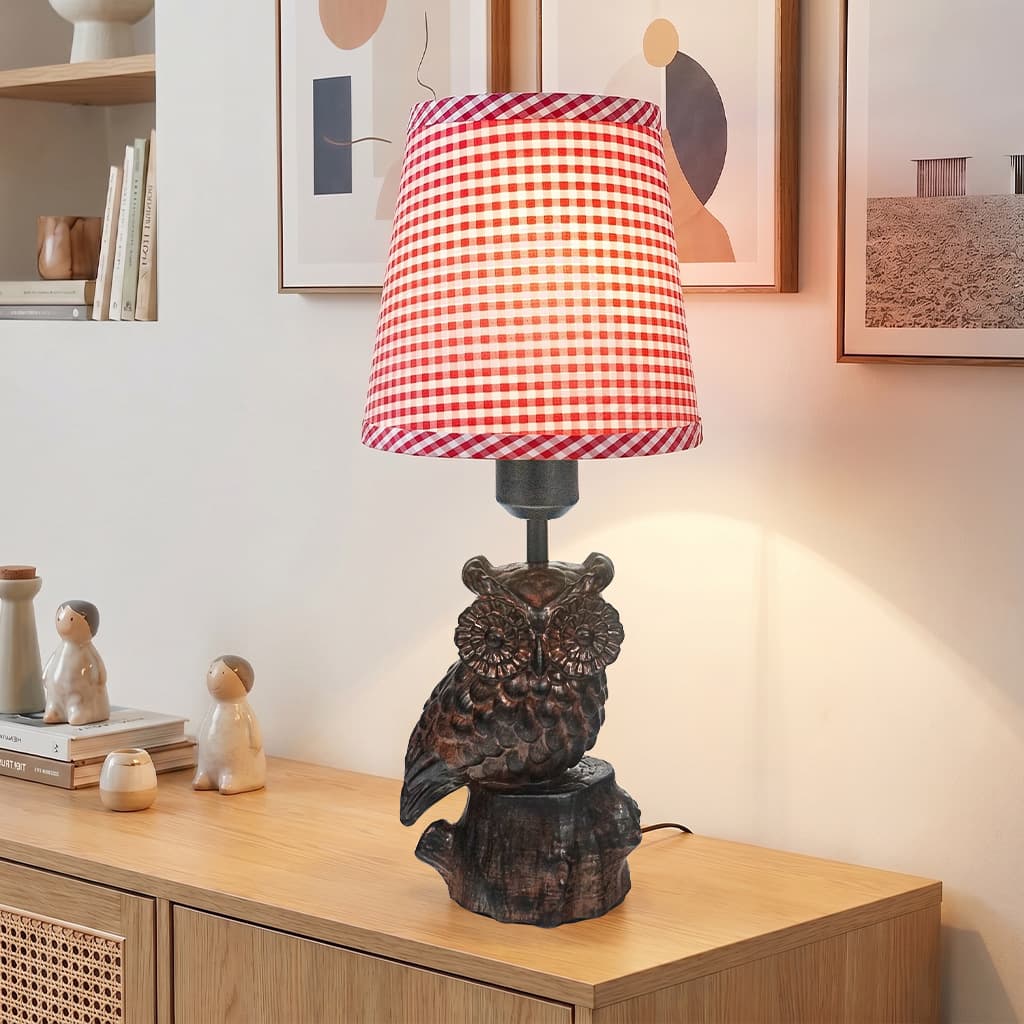 Vintage Owl Resin Table Lamp with Red Plaid Fabric Shade, Bedside Night Light for Bedroom, Kids Room Decor