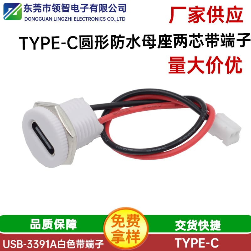 TYPE-C Round Waterproof Female Socket with 2-Pin Injection Molded Threaded White Core Charging Port, Can Be Used with Nut + Terminal
