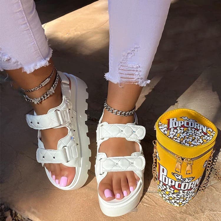 Foreign Trade Sandals Women's 23 New Rivet Plaid Platform Thick Bottom European Station Large Size One-word Velcro Roman Sandals