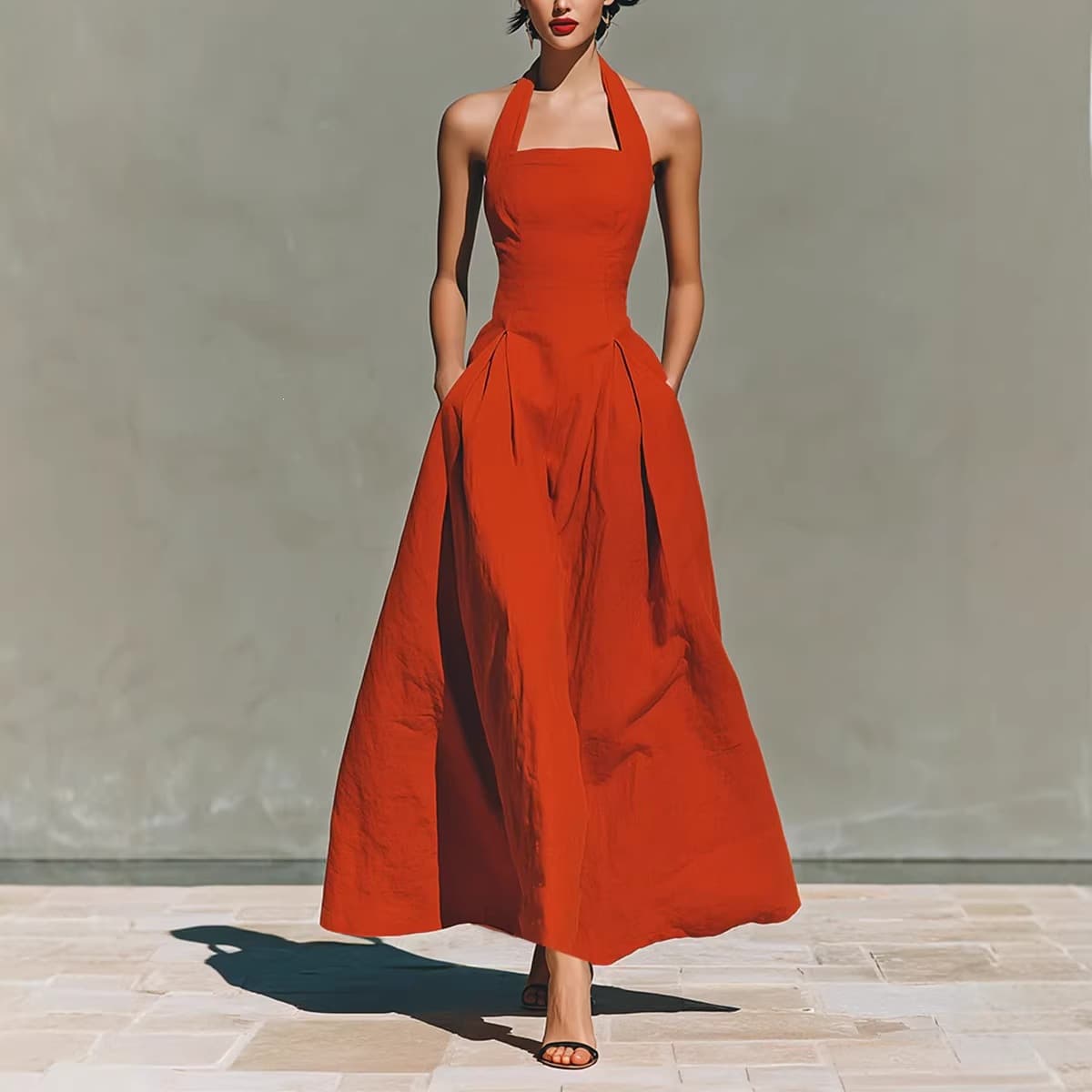 2026 Amazon Independent Station European and American Spring and Summer Halter Neck Imitation Linen Casual Fashion Slim Pocket Women's Dress
