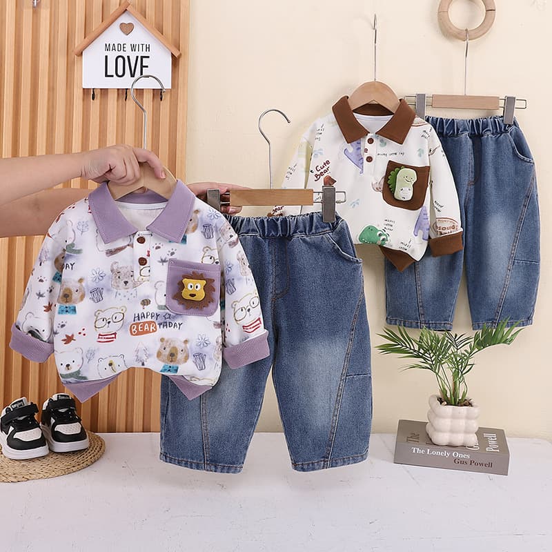 Boys Autumn Outfit Cartoon Set Fashion Jeans 2026 New Little Baby Spring Autumn Casual Shirt Three-Piece Set