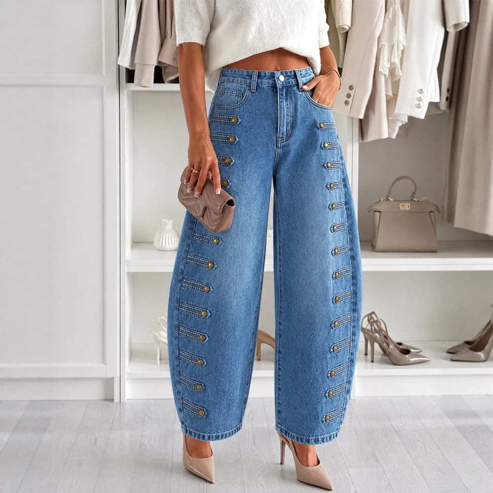European and American cross-border blue wide-leg loose jeans with multiple rows of metal buttons on the sides