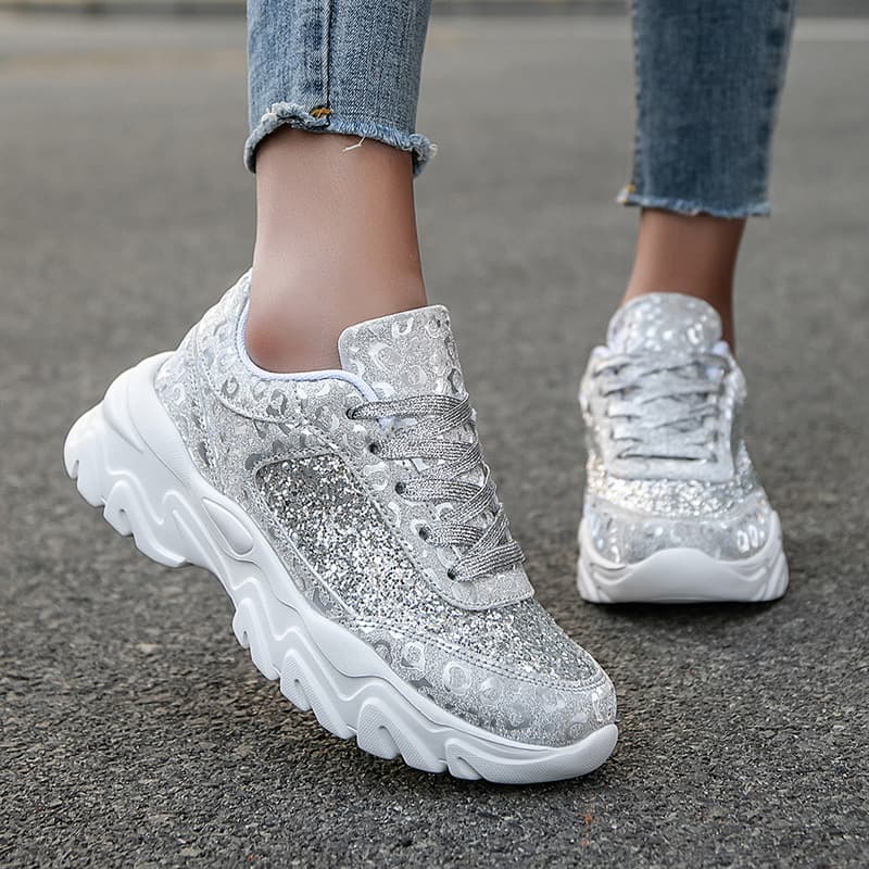 2025 New Plus Size Fashion European and American Style Heightening Women's Shoes Sequins Leopard Print Lightweight Casual Sneakers