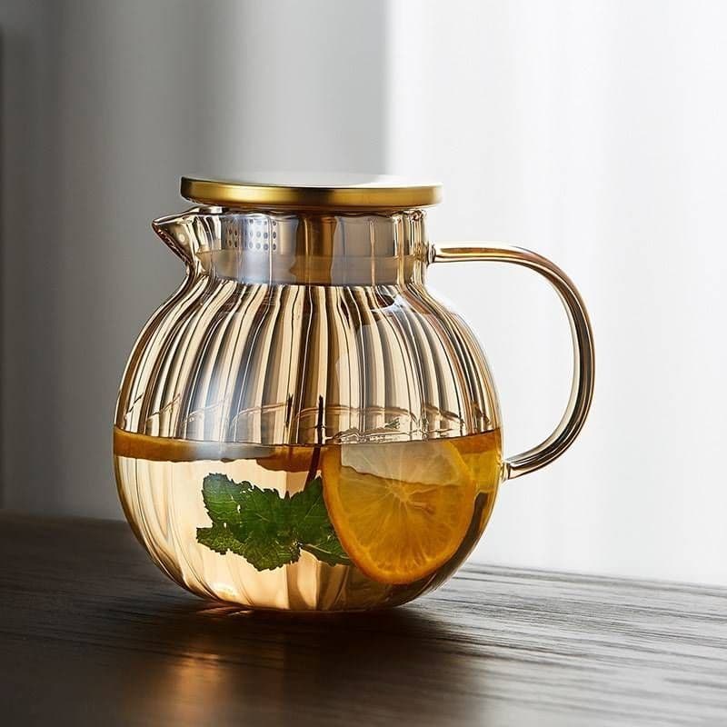 Pumpkin Pattern Glass Cold Water Pitcher, High Borosilicate Heat-Resistant Flower Tea Pot with Infuser Filter, Household Spherical Water Jug