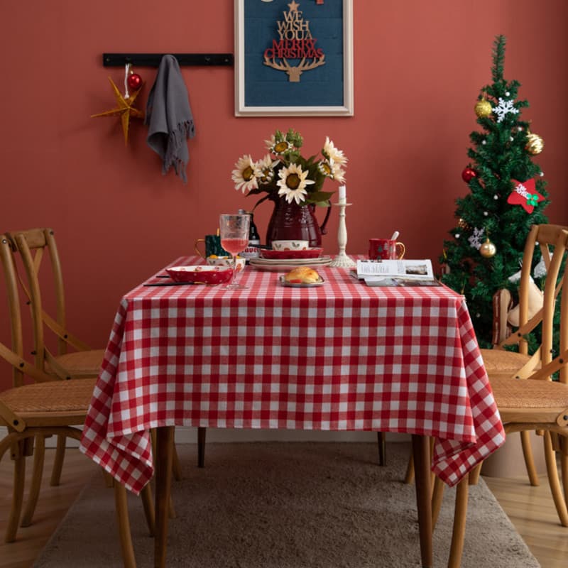 Nordic Style Christmas Party Tablecloth Rectangular Red And White Grid Cotton Linen Anti-Slip Wear-Resistant Heat-Insulating Decorative Table Cover