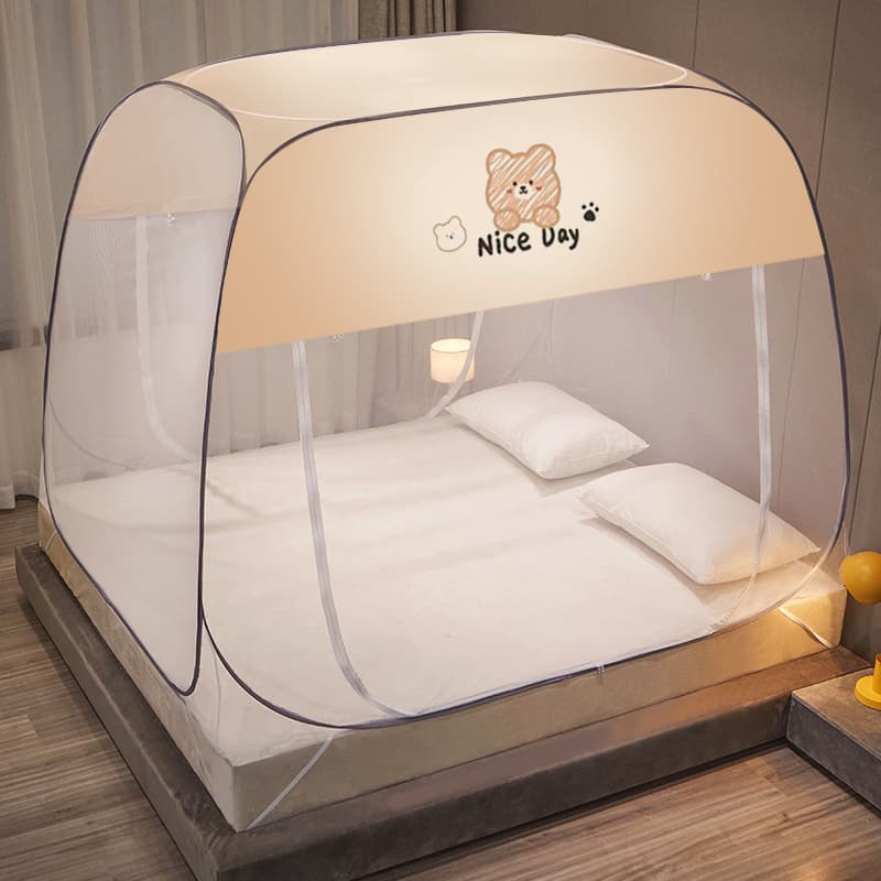 No-Assembly Yurt Mosquito Net for 1.8m Bed, Foldable Home Mosquito Net for 1.5m Bed, Patterned Dust-Proof Double Door