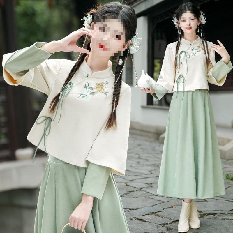 National Style Retro Chinese Diagonal Collar Stand-Up Collar Tie-Dye Modified Embroidery Hanfu Women Long Sleeve Top Skirt Set Tea Ceremony Clothing