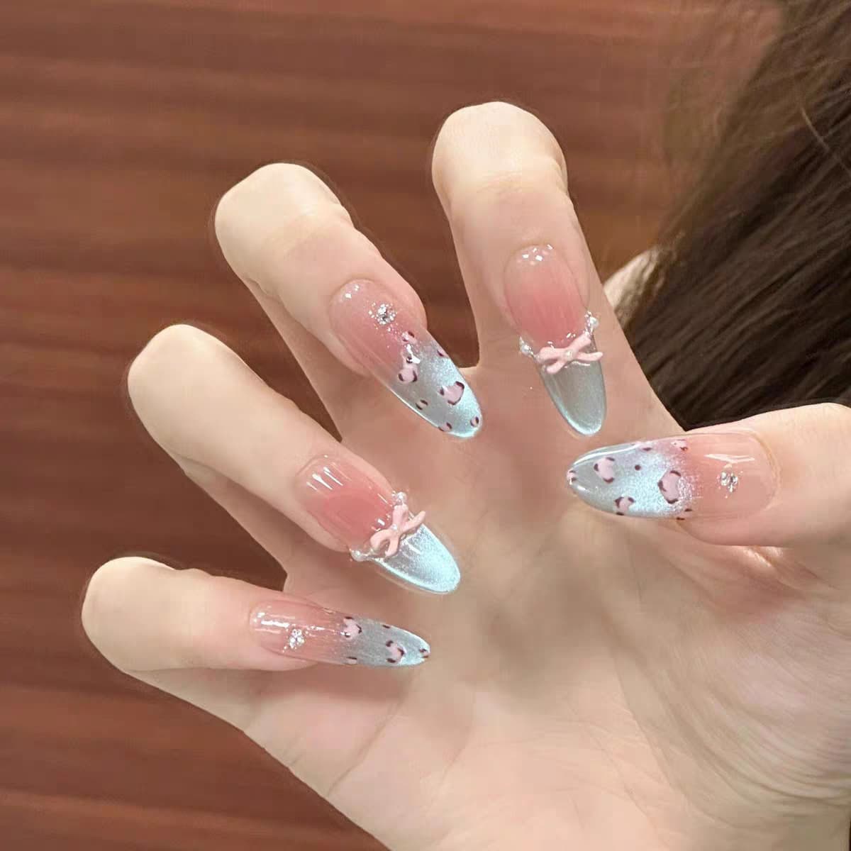 2026 New Summer Sea Salt Milk Blue Leopard Print French Cat Eye 3D Bow Blush Gradient Press-On Nails Wholesale