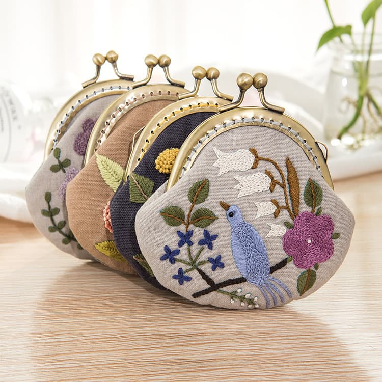 Cherish Handmade Embroidery DIY Coin Purse, European Style 3D Clasp Pouch, Flower Time Bag, Fabric Material Kit, Gift