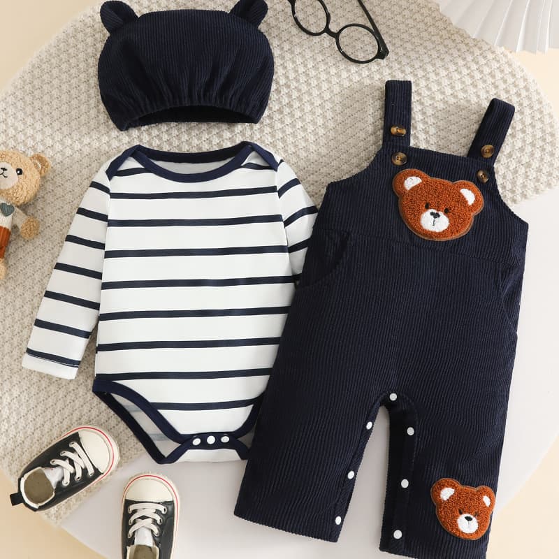 Foreign trade long-sleeved striped undergarment bear overalls + bear ears hat three-dimensional plush bear embroidery three pieces