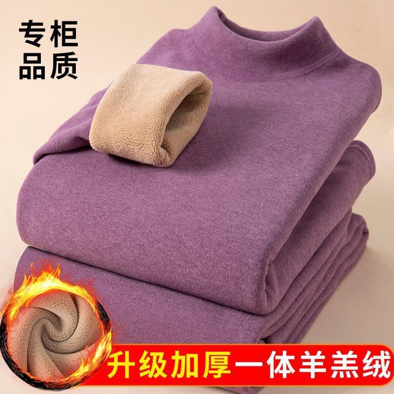 Women's thermal underwear, fleece-lined, thickened, cold-proof, high-neck, one-piece, extra-thick lamb fleece, autumn clothes and trousers for middle-aged and elderly.