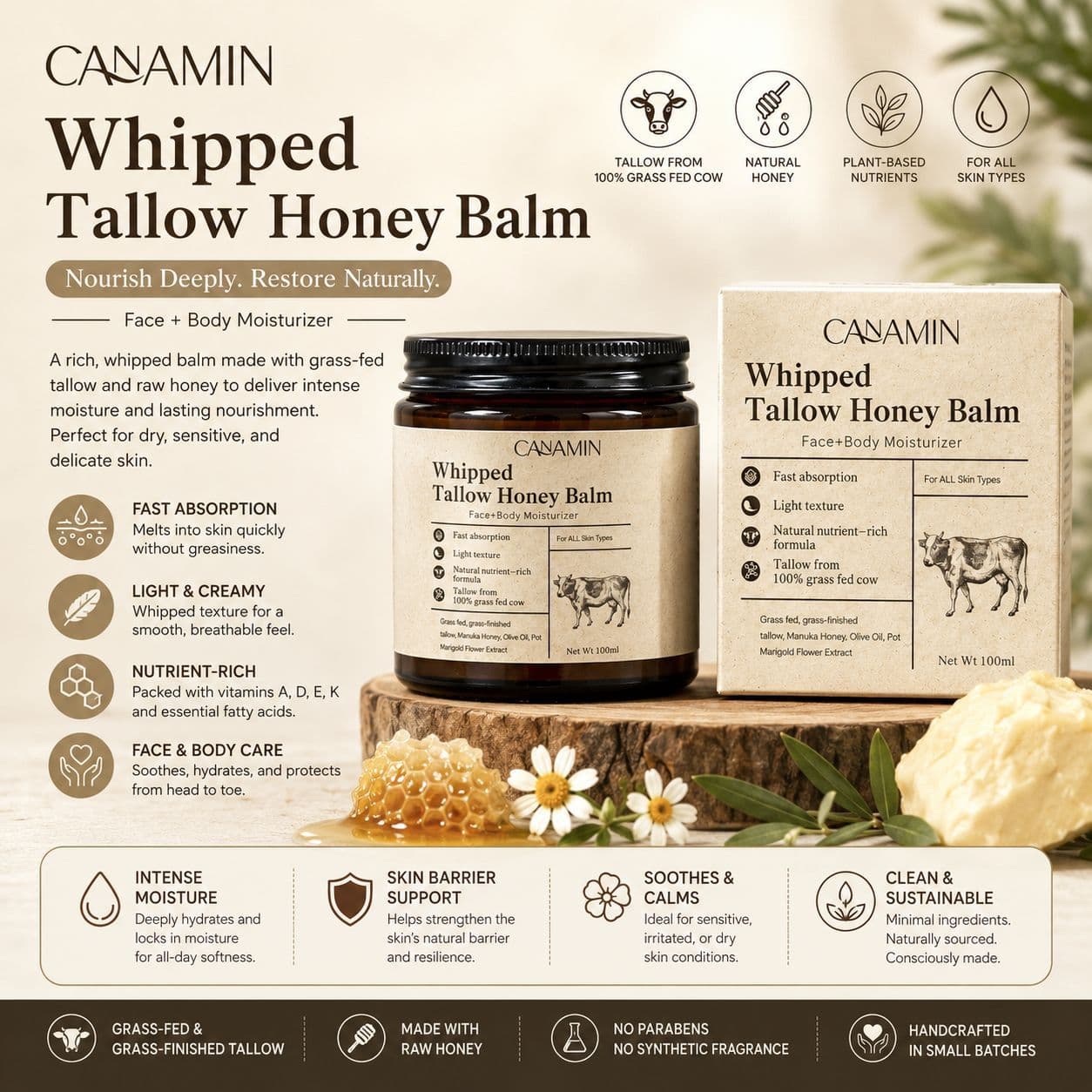 Whipped Beef Tallow Skin Care Moisturizing Cream with Honey