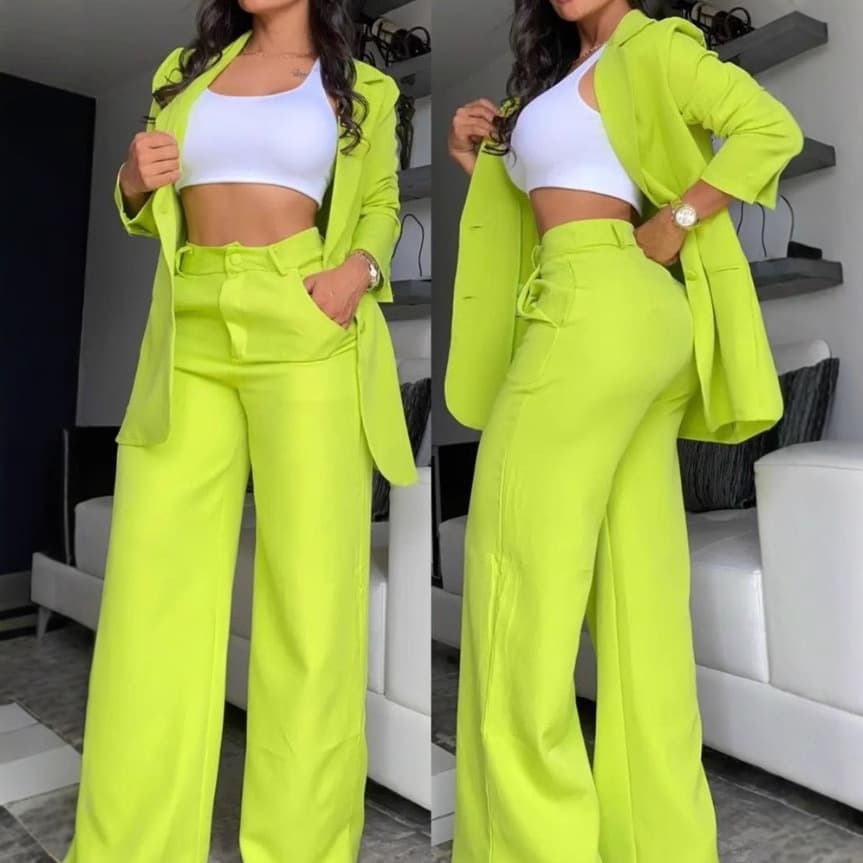 2026 European and American foreign trade women's clothing, elegant and solid color split sleeve lapel suit with pockets and straight pants suit