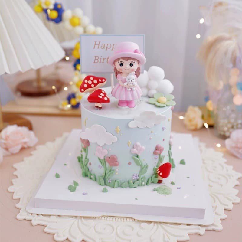 Baking cake decoration ornaments pink hat girl holding rabbit little girl goddess cake dress accessories