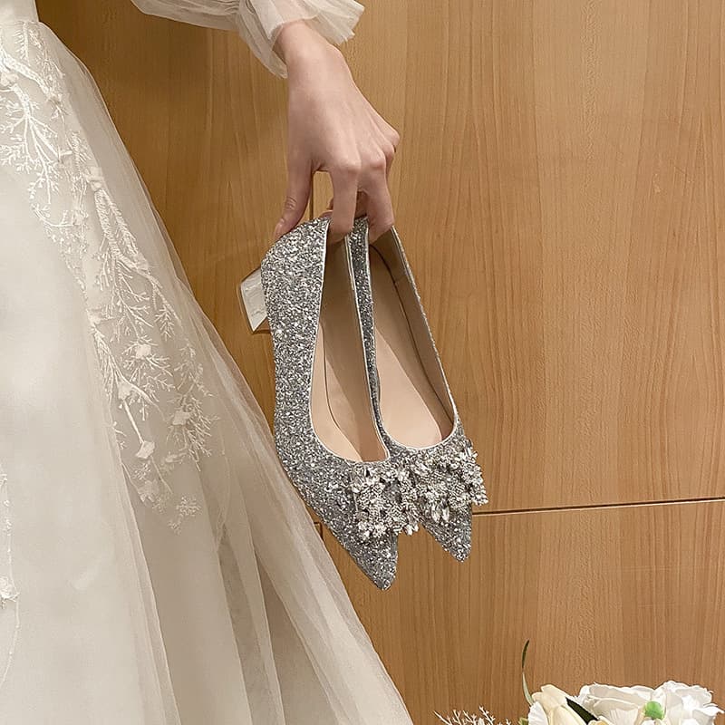 YB-A3 Silver French Heel Women's New Square Buckle Wedding Shoes Bridesmaid Shoes Large Size Wide Width Loafers 41 43
