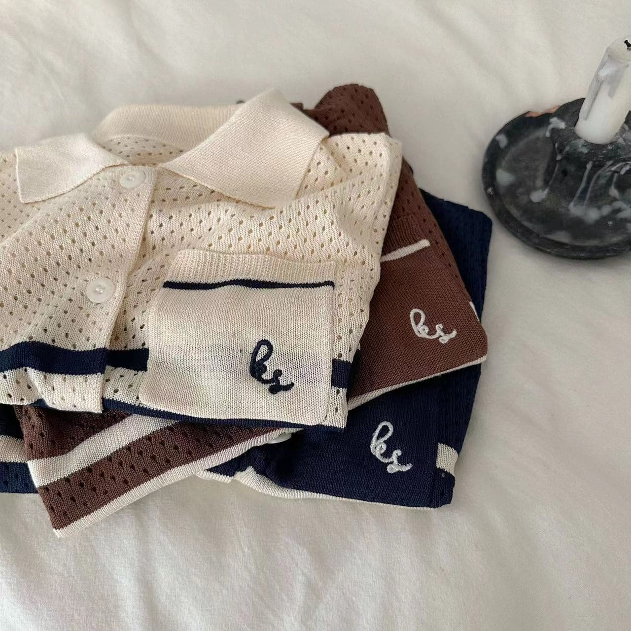 2026 Summer Kids Knitted Hollow Contrast Color Ice Silk Sweater Stylish Versatile Mesh Short Sleeve Polo Collar Top