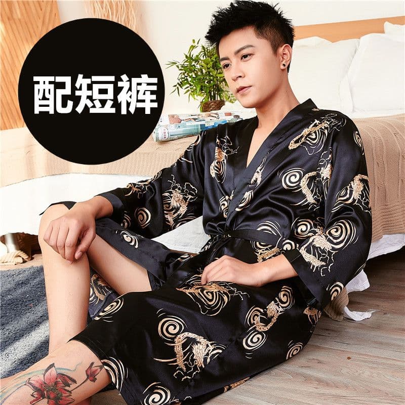Cross-border Silk Robe for Men, Summer Long-Sleeve Thin Ice Silk Bathrobe, Mid-Length Spring/Autumn Sleepwear Home Clothes