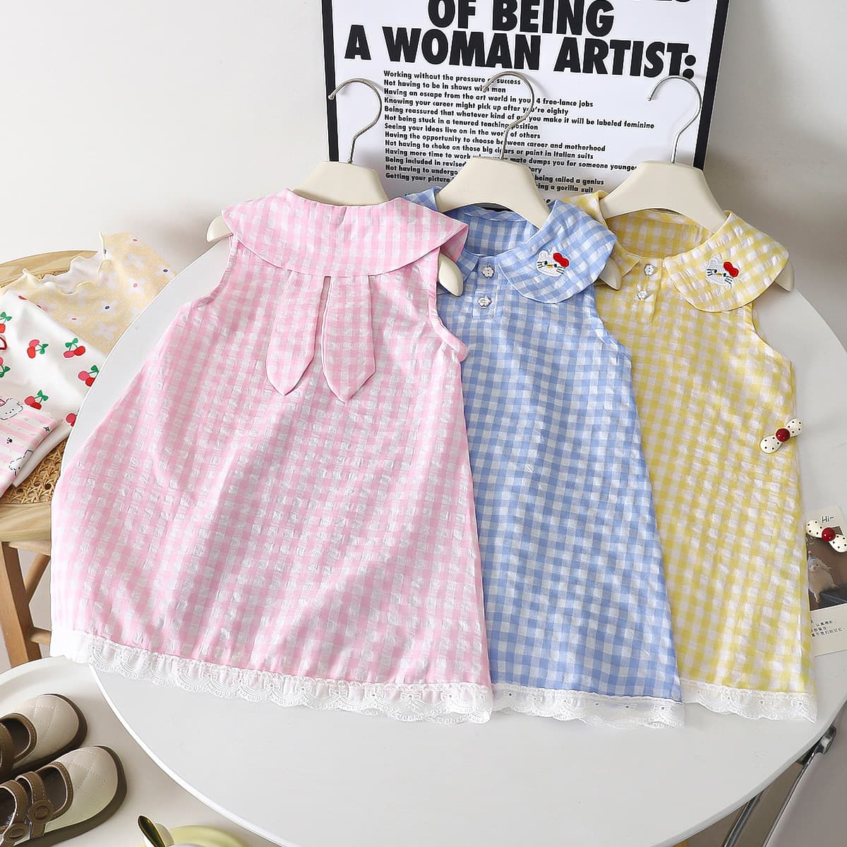Girls' 2026 Summer New Cute Plaid Vest Dress Baby Stylish Blue Dress Little Bunny Princess Dress