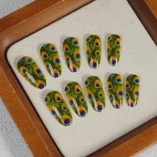 Nail Art Green Peacock Feather Nail Wraps Versatile Elegant Reusable Nail Stickers Press-On Nails