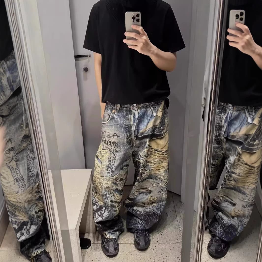 Ac Style 25SS Illusion Distressed Ripped Baggy Jeans 3D Digital Direct Print Hand-Painted Graffiti Wide-Leg Pants