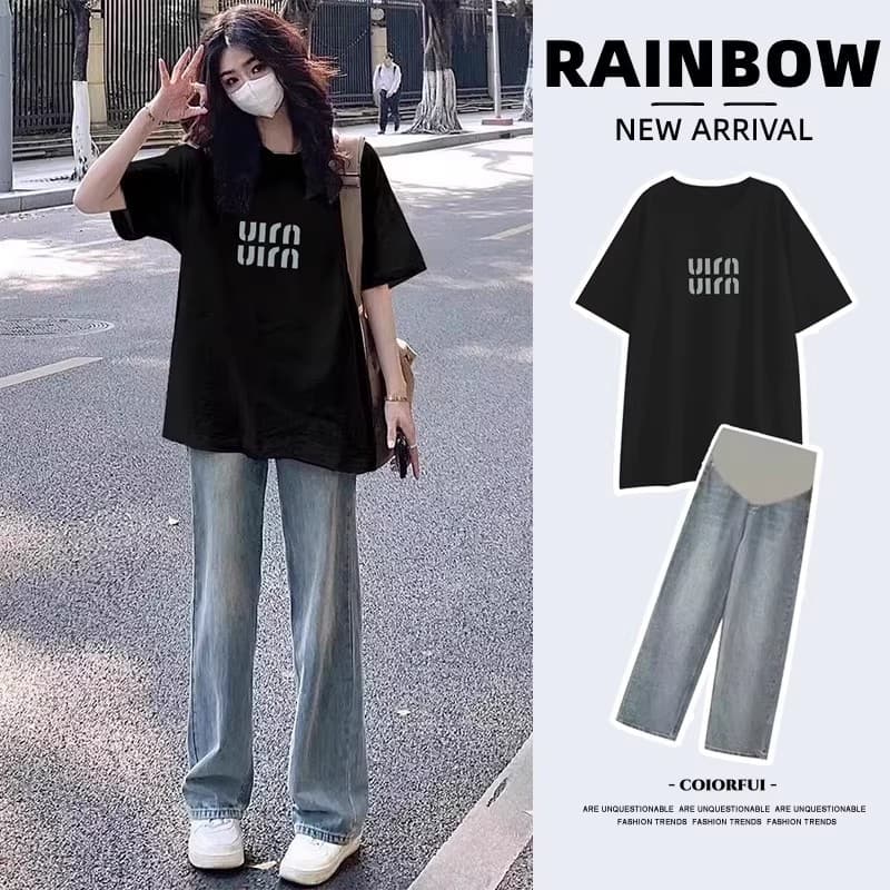 Maternity Summer T-Shirt Simple Letter Set Thin 2026 New Casual Loose Top Denim Long Pants Two-Piece Set