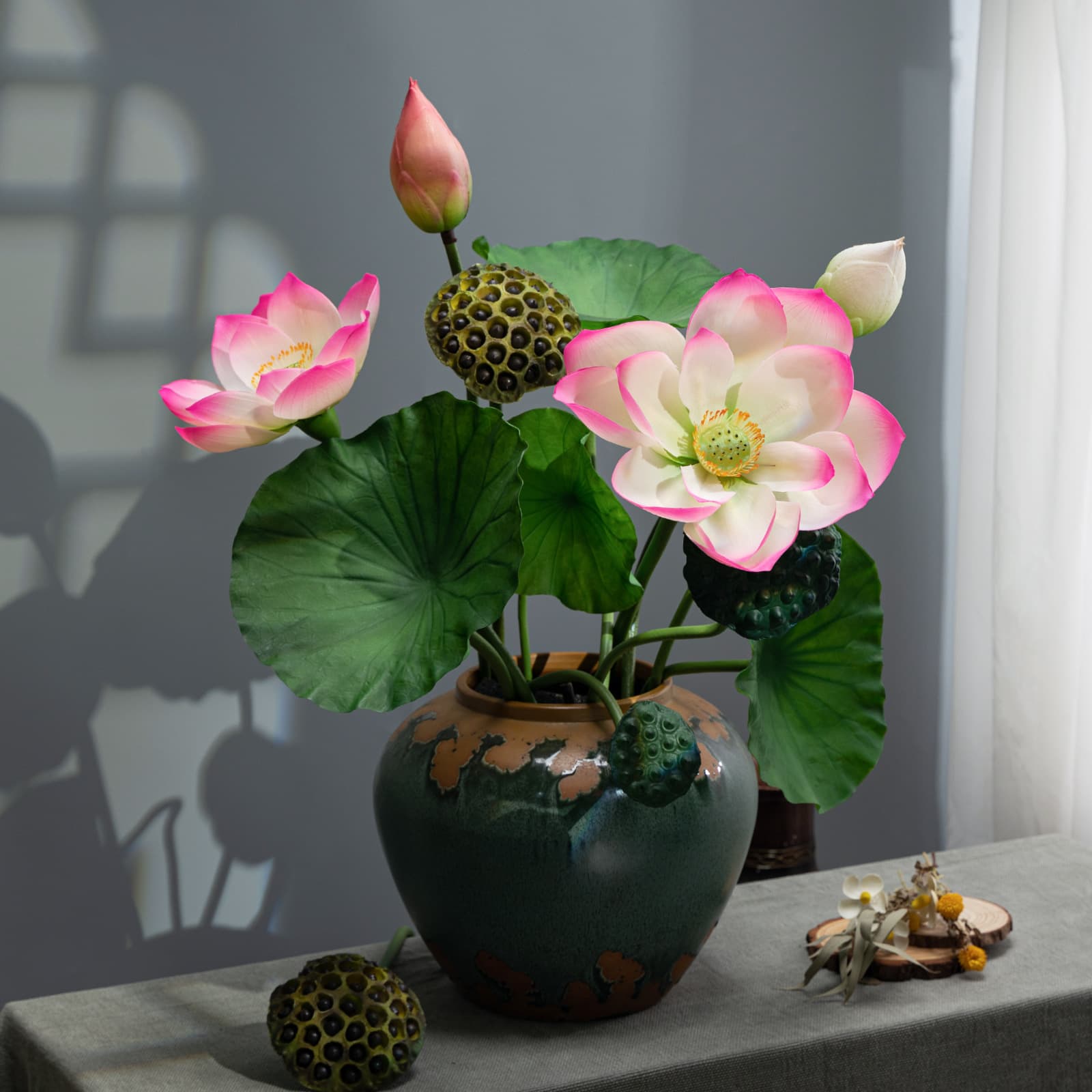 Artificial Lotus Buddhist Hall Fake Flower Wet Look High-End Lotus Bud Pond Decoration Fish Tank Water Lily Potted Ornament Green Plant