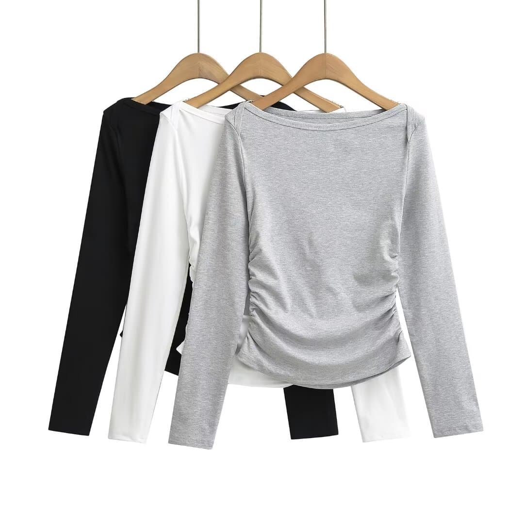 Autumn new style female American hot girl pure lust style sexy one-line collar long-sleeved pleated slim bottoming T-shirt