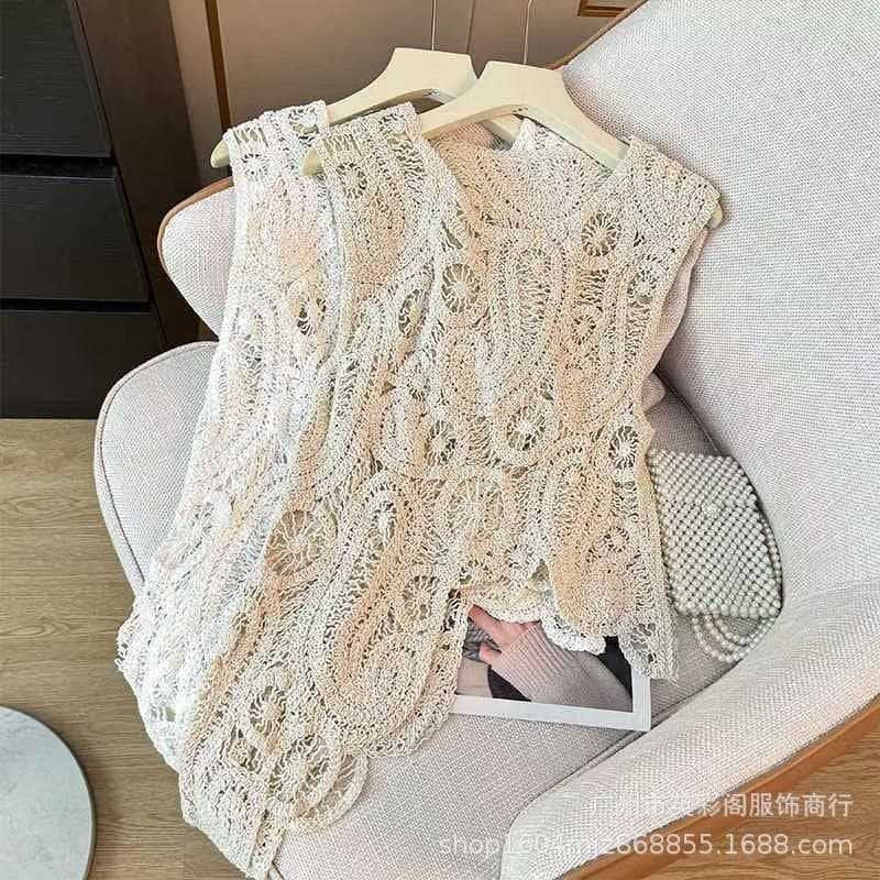 Ethnic Style Crochet Hollow Round Neck Sleeveless Vest Women Spring Design Irregular Unique Top