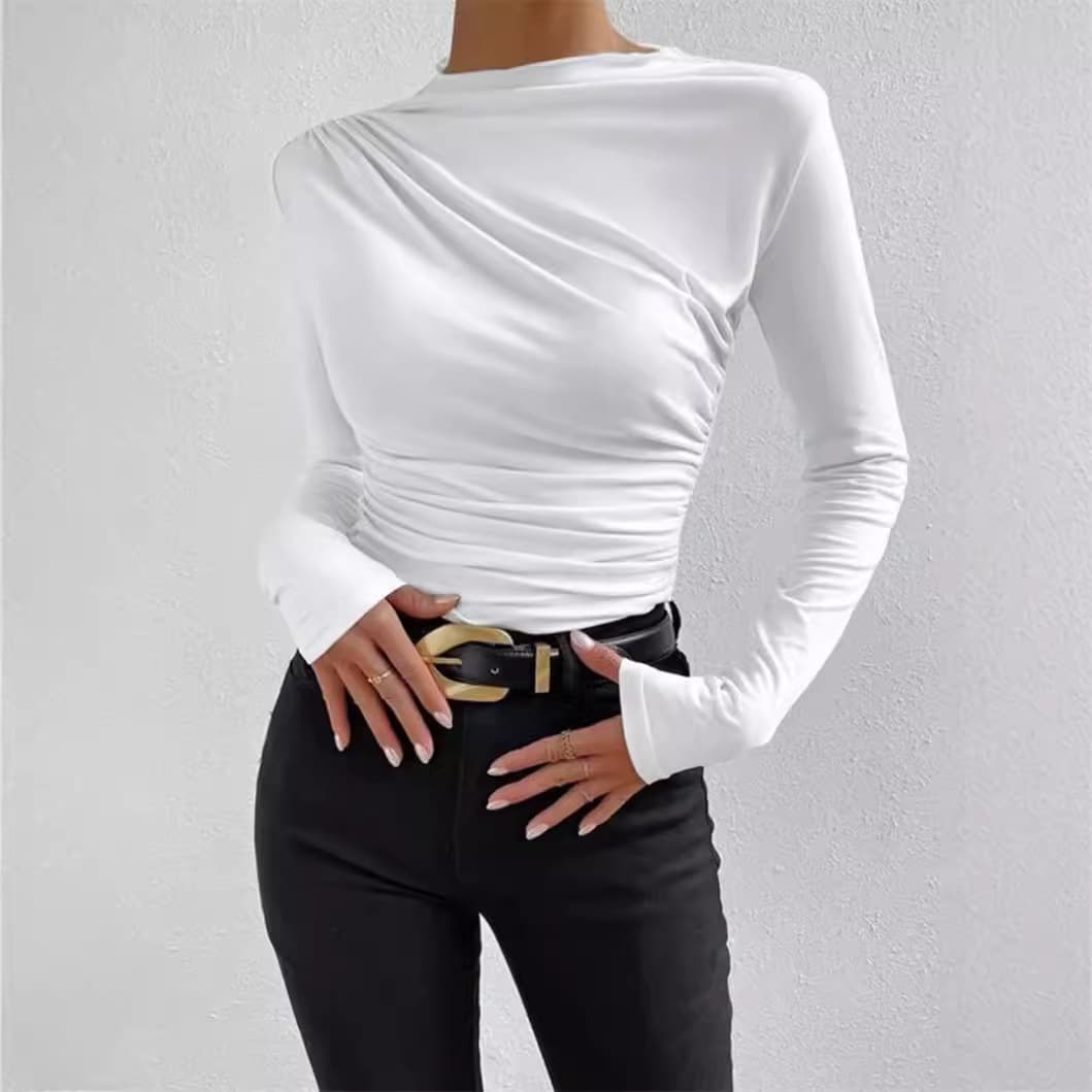 2024 Cross-Border Europe and America Solid Slim Base Tee Pleated Design Long Sleeve T-Shirt Women's Top Apricot